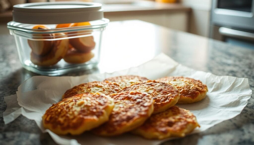 A kitchen counter covered in parchment paper, showcasing a row of freshly cooked potato latkes, their golden-brown crusts glistening under the warm, diffuse lighting. Nearby, an airtight container with a tight-fitting lid stands ready to preserve the crispy delights. The scene is infused with the comforting aroma of fried potatoes, transporting the viewer to a cozy Hanukkah celebration. The composition emphasizes the latkes' storage, hinting at the tips to maintain their signature crunch for later enjoyment. A kitchen counter covered in parchment paper, showcasing a row of freshly cooked potato latkes, their golden-brown crusts glistening under the warm, diffuse lighting. Nearby, an airtight container with a tight-fitting lid stands ready to preserve the crispy delights. The scene is infused with the comforting aroma of fried potatoes, transporting the viewer to a cozy Hanukkah celebration. The composition emphasizes the latkes' storage, hinting at the tips to maintain their signature crunch for later enjoyment.