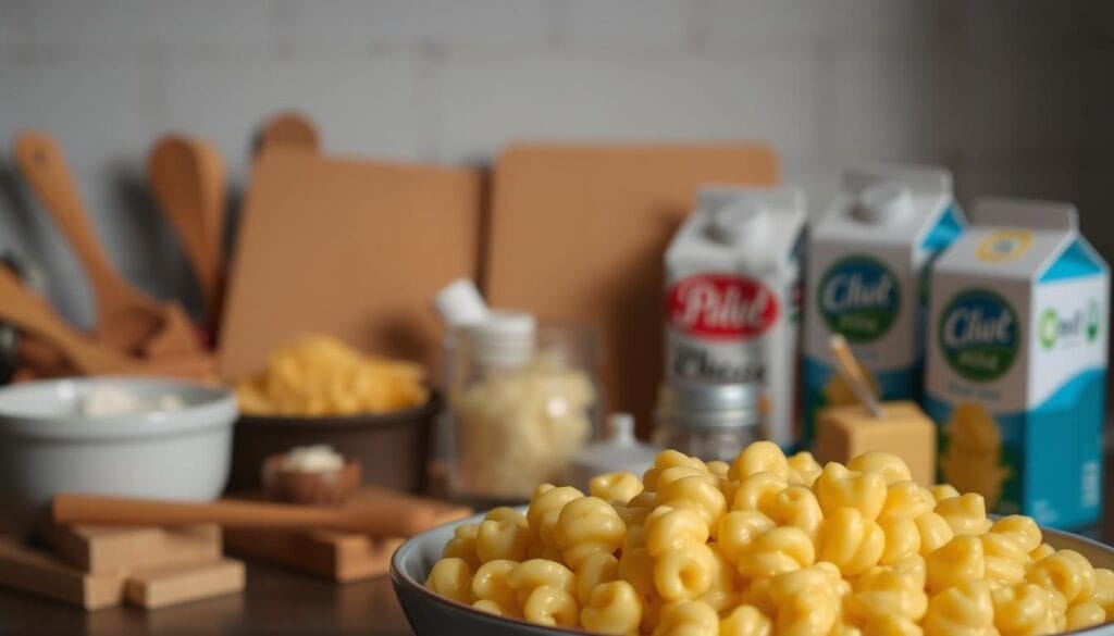 A large, mouthwatering bowl of creamy, cheesy mac and cheese sits prominently in the foreground, with a soft, warm glow emanating from within. In the middle ground, various cooking utensils and ingredients, such as a wooden spoon, shredded cheese, and milk cartons, are arranged neatly, hinting at the preparation process. The background is blurred, but hints at a cozy kitchen setting, with subtle shadows and a warm, inviting atmosphere. The lighting is soft and diffused, creating a comforting and appetizing scene. Capture the quintessential comfort food experience with this visually enticing and informative "Cheesy Mac and Cheese FAQ" image. A large, mouthwatering bowl of creamy, cheesy mac and cheese sits prominently in the foreground, with a soft, warm glow emanating from within. In the middle ground, various cooking utensils and ingredients, such as a wooden spoon, shredded cheese, and milk cartons, are arranged neatly, hinting at the preparation process. The background is blurred, but hints at a cozy kitchen setting, with subtle shadows and a warm, inviting atmosphere. The lighting is soft and diffused, creating a comforting and appetizing scene. Capture the quintessential comfort food experience with this visually enticing and informative "Cheesy Mac and Cheese FAQ" image.