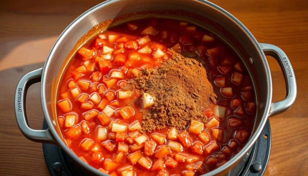 A large pot on a wooden table, filled with a rich, thick chili base. Simmering onions, garlic, and spices release their aroma, filling the air with the scent of cumin and chili powder. Diced tomatoes and beef broth create a flavorful foundation, simmered to perfection. The chili base glistens under warm, directional lighting, casting subtle shadows that accentuate its texture and depth. The overall scene conveys a sense of culinary focus and anticipation, perfectly setting the stage for the bold flavors to come. A large pot on a wooden table, filled with a rich, thick chili base. Simmering onions, garlic, and spices release their aroma, filling the air with the scent of cumin and chili powder. Diced tomatoes and beef broth create a flavorful foundation, simmered to perfection. The chili base glistens under warm, directional lighting, casting subtle shadows that accentuate its texture and depth. The overall scene conveys a sense of culinary focus and anticipation, perfectly setting the stage for the bold flavors to come.