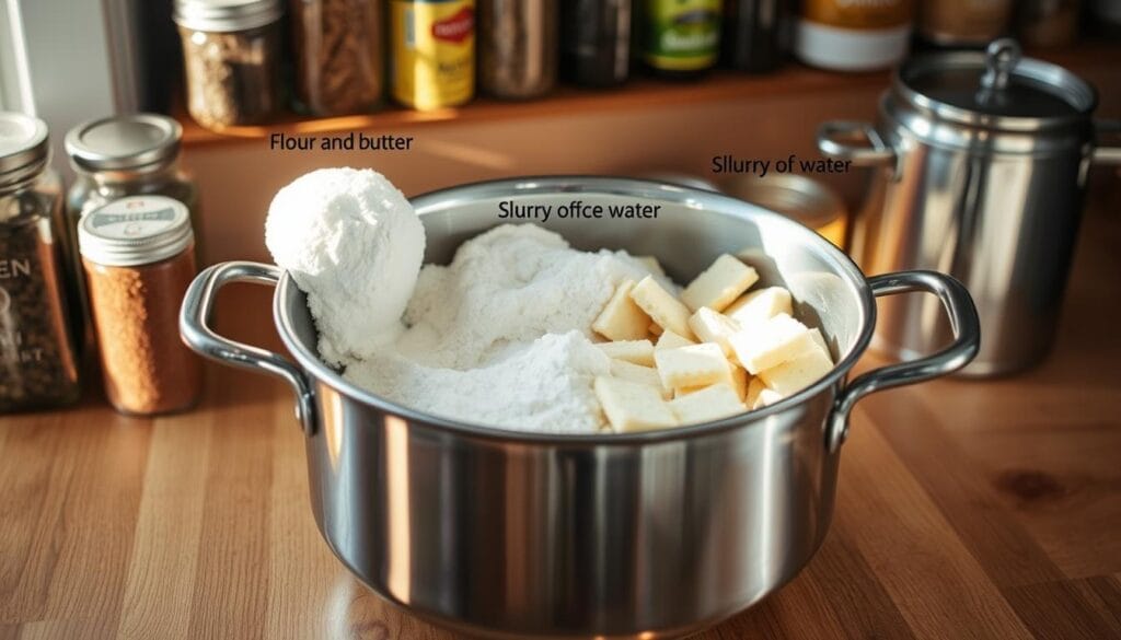 A large stainless steel pot sits on a wooden kitchen counter, filled with various thickening methods - a roux of flour and butter, a slurry of cornstarch and water, and pieces of bread or crackers. Soft natural lighting illuminates the scene, casting warm shadows across the surfaces. In the background, jars of herbs and spices line the shelves, hinting at the flavorful stew simmering within. The overall mood is one of culinary experimentation and the care taken to create a hearty, satisfying dish. A large stainless steel pot sits on a wooden kitchen counter, filled with various thickening methods - a roux of flour and butter, a slurry of cornstarch and water, and pieces of bread or crackers. Soft natural lighting illuminates the scene, casting warm shadows across the surfaces. In the background, jars of herbs and spices line the shelves, hinting at the flavorful stew simmering within. The overall mood is one of culinary experimentation and the care taken to create a hearty, satisfying dish.