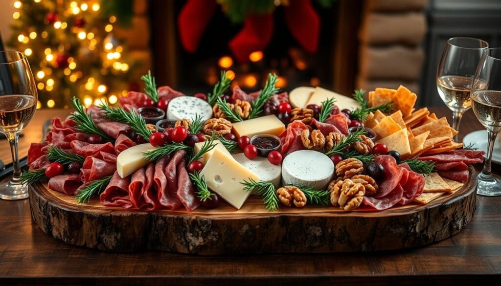 A lavish holiday charcuterie board takes center stage, showcasing an array of cured meats, artisanal cheeses, and gourmet accompaniments. The rustic wooden platter is adorned with sprigs of fresh rosemary, cranberries, and candied walnuts, creating a visually stunning and festive display. Soft, ambient lighting casts a warm glow, highlighting the rich textures and colors of the carefully curated selection. Positioned on a sturdy table, the charcuterie board is flanked by elegant glassware and elegant serving utensils, inviting guests to indulge in this bountiful holiday spread. The overall composition radiates a sense of sophistication and holiday cheer, perfectly capturing the essence of a memorable holiday gathering. A lavish holiday charcuterie board takes center stage, showcasing an array of cured meats, artisanal cheeses, and gourmet accompaniments. The rustic wooden platter is adorned with sprigs of fresh rosemary, cranberries, and candied walnuts, creating a visually stunning and festive display. Soft, ambient lighting casts a warm glow, highlighting the rich textures and colors of the carefully curated selection. Positioned on a sturdy table, the charcuterie board is flanked by elegant glassware and elegant serving utensils, inviting guests to indulge in this bountiful holiday spread. The overall composition radiates a sense of sophistication and holiday cheer, perfectly capturing the essence of a memorable holiday gathering.