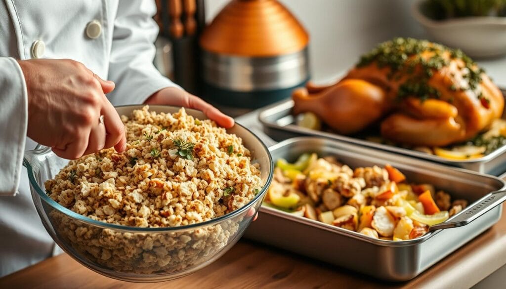A meticulously styled kitchen scene capturing the various techniques for preparing Thanksgiving stuffing. In the foreground, a chef's hands carefully mix a fragrant blend of breadcrumbs, herbs, and aromatic vegetables in a large bowl. The middle ground showcases a sizzling pan of sautéed onions and celery, while in the background, a roasting tray holds a golden, herb-crusted turkey. The lighting is warm and inviting, casting a soft glow over the scene, conveying the comforting atmosphere of a holiday kitchen. The composition is balanced, with attention to detail in the textures of the ingredients and the placement of the cooking equipment. An image that visually illustrates the traditional steps for crafting the perfect Thanksgiving stuffing. A meticulously styled kitchen scene capturing the various techniques for preparing Thanksgiving stuffing. In the foreground, a chef's hands carefully mix a fragrant blend of breadcrumbs, herbs, and aromatic vegetables in a large bowl. The middle ground showcases a sizzling pan of sautéed onions and celery, while in the background, a roasting tray holds a golden, herb-crusted turkey. The lighting is warm and inviting, casting a soft glow over the scene, conveying the comforting atmosphere of a holiday kitchen. The composition is balanced, with attention to detail in the textures of the ingredients and the placement of the cooking equipment. An image that visually illustrates the traditional steps for crafting the perfect Thanksgiving stuffing.