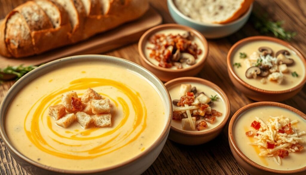 A mouthwatering spread of customized broccoli cheddar soup variations. In the foreground, a large bowl of creamy, rich soup, swirled with melted cheddar cheese and topped with crispy croutons. In the middle ground, three smaller bowls showcasing unique toppings and mix-ins - one with crumbled bacon, another with sautéed mushrooms, and the third with a blend of Parmesan, Swiss, and mozzarella. The background features a rustic wooden table, with a loaf of crusty bread and fresh thyme sprigs adding to the cozy, comforting atmosphere. Warm lighting casts a soft glow over the scene, inviting the viewer to dive in and savor the delicious, customizable soup. A mouthwatering spread of customized broccoli cheddar soup variations. In the foreground, a large bowl of creamy, rich soup, swirled with melted cheddar cheese and topped with crispy croutons. In the middle ground, three smaller bowls showcasing unique toppings and mix-ins - one with crumbled bacon, another with sautéed mushrooms, and the third with a blend of Parmesan, Swiss, and mozzarella. The background features a rustic wooden table, with a loaf of crusty bread and fresh thyme sprigs adding to the cozy, comforting atmosphere. Warm lighting casts a soft glow over the scene, inviting the viewer to dive in and savor the delicious, customizable soup.