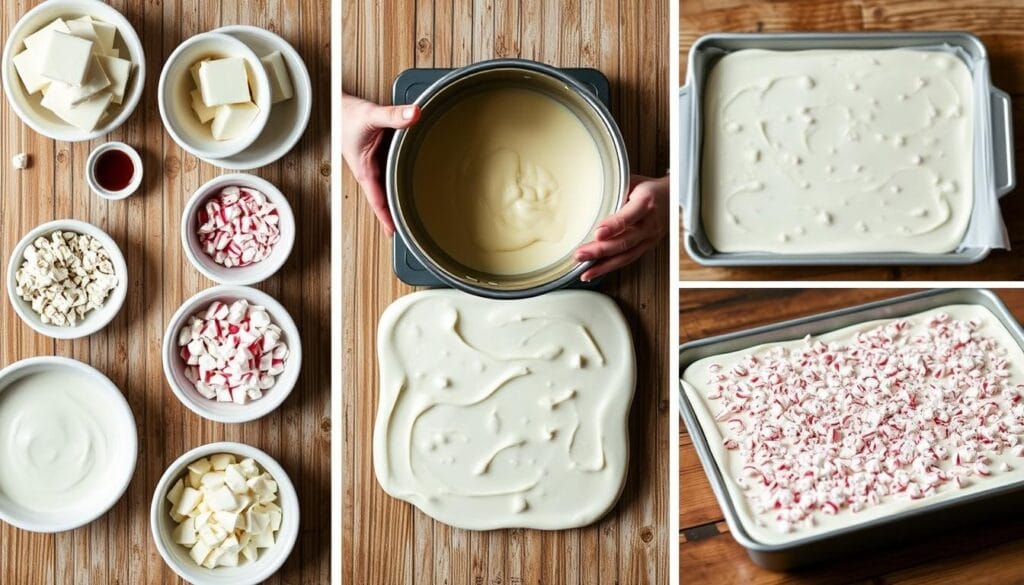 A neatly arranged step-by-step guide depicting the process of creating white chocolate peppermint bark. In the foreground, a series of clean white ceramic dishes hold various ingredients - smooth white chocolate, crushed peppermint candies, and a small bowl of peppermint extract. The middle ground shows hands gently melting the chocolate in a double boiler, then carefully pouring it into a parchment-lined baking tray. In the background, the tray is shown cooling on a wooden surface, before the hardened chocolate is topped with the crushed peppermint. Soft, even lighting illuminates the scene, highlighting the creamy texture of the white chocolate and the vibrant red-and-white peppermint pieces. The overall mood is one of simplicity, cleanliness, and the satisfying process of homemade confectionery. A neatly arranged step-by-step guide depicting the process of creating white chocolate peppermint bark. In the foreground, a series of clean white ceramic dishes hold various ingredients - smooth white chocolate, crushed peppermint candies, and a small bowl of peppermint extract. The middle ground shows hands gently melting the chocolate in a double boiler, then carefully pouring it into a parchment-lined baking tray. In the background, the tray is shown cooling on a wooden surface, before the hardened chocolate is topped with the crushed peppermint. Soft, even lighting illuminates the scene, highlighting the creamy texture of the white chocolate and the vibrant red-and-white peppermint pieces. The overall mood is one of simplicity, cleanliness, and the satisfying process of homemade confectionery.