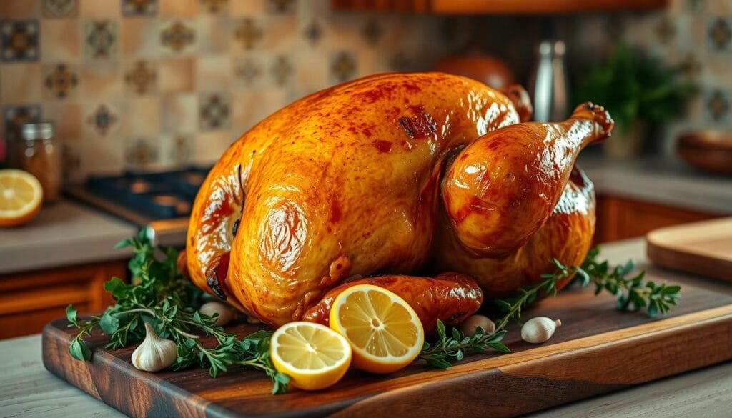A perfectly golden-brown turkey, slowly roasting over an open flame, its succulent skin glistening in the warm, soft lighting. The turkey is placed on a sturdy wooden carving board, surrounded by an array of fresh herbs, garlic cloves, and a few slices of lemon. In the background, a cozy kitchen scene comes into focus, with a vintage-inspired tile backsplash and a few scattered spice jars on the countertop. The atmosphere is one of anticipation and comfort, setting the stage for a delightful Thanksgiving feast.