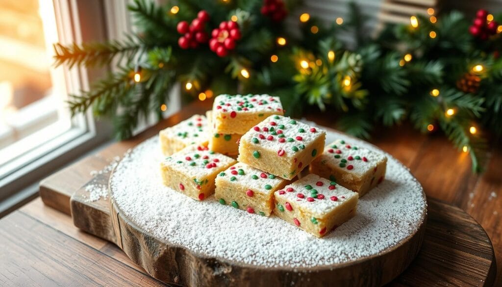 A platter of festive sugar cookie bars sits on a rustic wooden table, dusted with powdered sugar. The bars have a golden-brown crust and are adorned with vibrant red and green sprinkles, capturing the joyful spirit of the holiday season. Soft lighting from a nearby window casts a warm, inviting glow, while a garland of fresh evergreens and twinkling fairy lights create a cozy, celebratory ambiance. The scene evokes the perfect homemade treat to share with loved ones during intimate holiday gatherings, family celebrations, or casual get-togethers. A platter of festive sugar cookie bars sits on a rustic wooden table, dusted with powdered sugar. The bars have a golden-brown crust and are adorned with vibrant red and green sprinkles, capturing the joyful spirit of the holiday season. Soft lighting from a nearby window casts a warm, inviting glow, while a garland of fresh evergreens and twinkling fairy lights create a cozy, celebratory ambiance. The scene evokes the perfect homemade treat to share with loved ones during intimate holiday gatherings, family celebrations, or casual get-togethers.