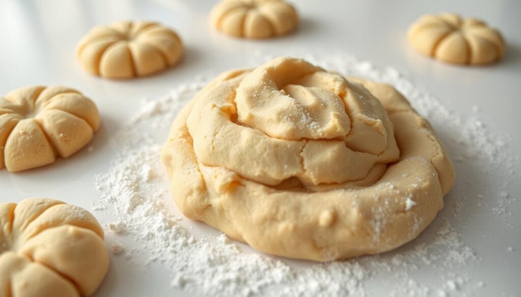 A pristine white countertop with a generous mound of freshly kneaded sugar cookie dough, its surface lightly dusted with flour. The dough has a soft, pillowy texture, with tiny flecks of vanilla bean visible throughout. Soft, indirect lighting from an unseen source casts a warm, cozy glow, highlighting the dough's rich, golden hue. The camera angle is low, capturing the inviting scene from an angle that emphasizes the smooth, pliable nature of the dough, ready to be rolled, cut, and baked into delectable holiday treats.