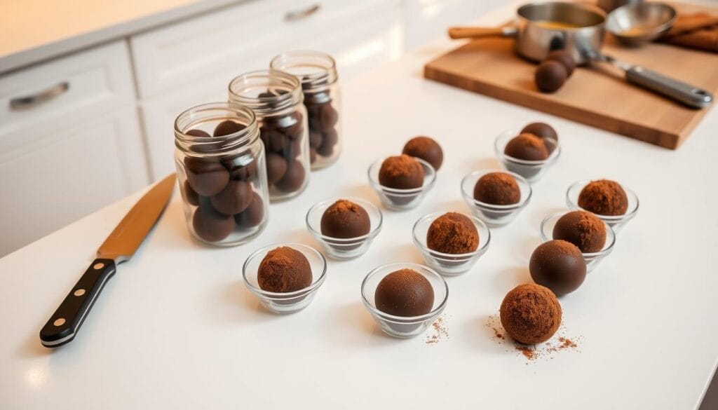 A pristine white kitchen counter, the surface gleaming under warm, diffused lighting. Carefully arranged on the counter are several glass jars and small bowls, each containing neat rows of homemade chocolate truffles. The truffles are dusted with fine cocoa powder, their smooth, glossy surfaces glistening. Nearby, a cutting board holds a chef's knife and a small saucepan, suggesting the preparation process. The overall scene conveys an atmosphere of culinary expertise, inviting the viewer to explore the art of crafting these decadent chocolate delights. A pristine white kitchen counter, the surface gleaming under warm, diffused lighting. Carefully arranged on the counter are several glass jars and small bowls, each containing neat rows of homemade chocolate truffles. The truffles are dusted with fine cocoa powder, their smooth, glossy surfaces glistening. Nearby, a cutting board holds a chef's knife and a small saucepan, suggesting the preparation process. The overall scene conveys an atmosphere of culinary expertise, inviting the viewer to explore the art of crafting these decadent chocolate delights.
