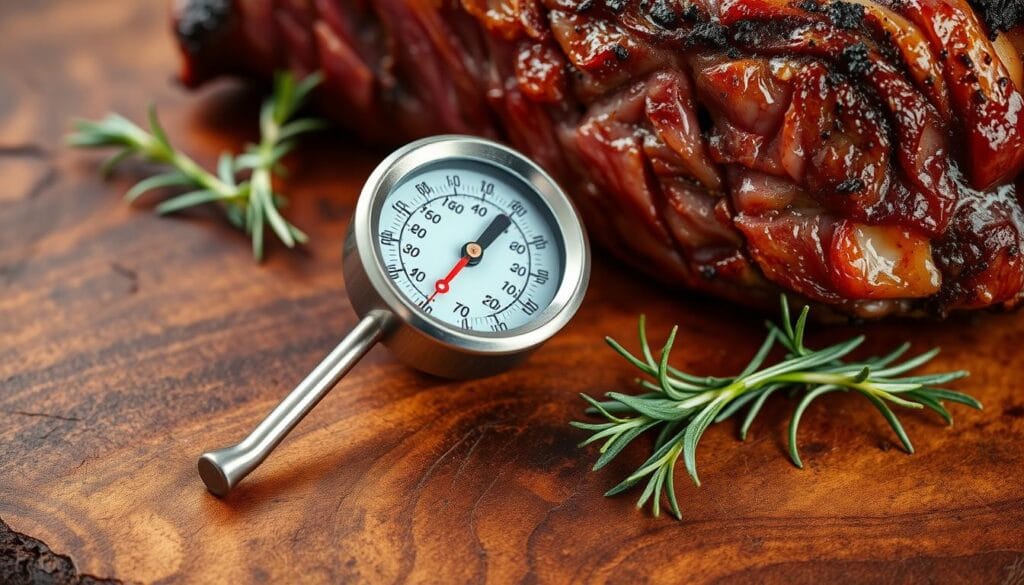 A professional-grade sear roast thermometer placed prominently on a rustic wooden surface, surrounded by a few sprigs of fresh rosemary. The thermometer's stainless steel body gleams under the warm, soft lighting, casting a gentle reflection on the surface. The angle is slightly elevated, giving the viewer a clear, unobstructed view of the thermometer's dial and markings. The overall scene conveys a sense of culinary expertise and the importance of precisely monitoring the internal temperature of a prime rib roast during the cooking process.