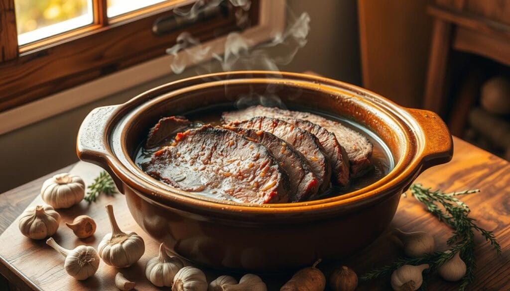 A rustic, earthenware crock pot sits atop a wooden table, steam gently rising from its lid. Inside, thick slices of tender braised beef brisket, cooked low and slow, are bathed in a rich, aromatic gravy. The brisket's deep mahogany crust contrasts with the meltingly soft interior, enticing the viewer. Scattered around the pot are whole garlic cloves, earthy root vegetables, and sprigs of fragrant herbs, hinting at the flavorful braise. Warm, golden lighting from a nearby window casts a cozy glow, creating an inviting, homestyle atmosphere. This image captures the essence of the "Braised Beef Brisket Crock Pot Technique," showcasing the benefits of slow, gentle braising for achieving beef brisket perfection. A rustic, earthenware crock pot sits atop a wooden table, steam gently rising from its lid. Inside, thick slices of tender braised beef brisket, cooked low and slow, are bathed in a rich, aromatic gravy. The brisket's deep mahogany crust contrasts with the meltingly soft interior, enticing the viewer. Scattered around the pot are whole garlic cloves, earthy root vegetables, and sprigs of fragrant herbs, hinting at the flavorful braise. Warm, golden lighting from a nearby window casts a cozy glow, creating an inviting, homestyle atmosphere. This image captures the essence of the "Braised Beef Brisket Crock Pot Technique," showcasing the benefits of slow, gentle braising for achieving beef brisket perfection.