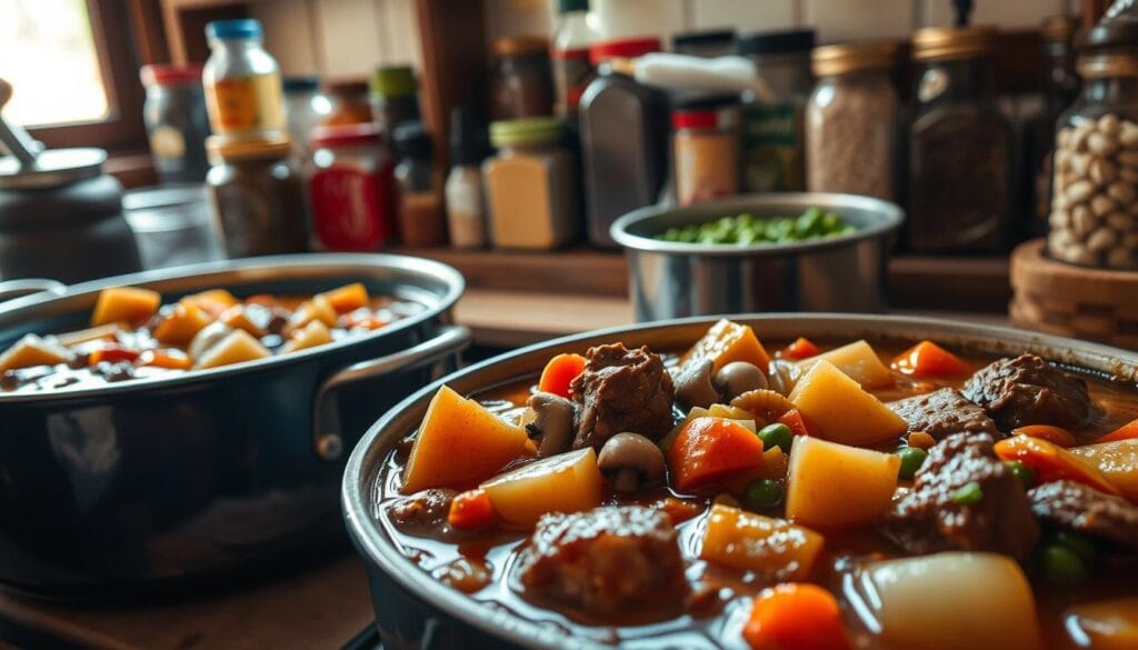 A rustic, homey scene of various beef stew variations simmering in a cozy kitchen. In the foreground, a hearty stew with tender chunks of beef, potatoes, carrots, and onions, simmering in a rich, savory broth. In the middle ground, another variation with mushrooms, peas, and pearl onions. In the background, jars of spices, herbs, and other stew-enhancing ingredients line the shelves, casting a warm, inviting glow. The scene is illuminated by soft, natural lighting filtering through a window, creating a comforting, atmospheric ambiance. The overall mood is one of homemade comfort and culinary experimentation, perfect for showcasing the diversity of beef stew. A rustic, homey scene of various beef stew variations simmering in a cozy kitchen. In the foreground, a hearty stew with tender chunks of beef, potatoes, carrots, and onions, simmering in a rich, savory broth. In the middle ground, another variation with mushrooms, peas, and pearl onions. In the background, jars of spices, herbs, and other stew-enhancing ingredients line the shelves, casting a warm, inviting glow. The scene is illuminated by soft, natural lighting filtering through a window, creating a comforting, atmospheric ambiance. The overall mood is one of homemade comfort and culinary experimentation, perfect for showcasing the diversity of beef stew.