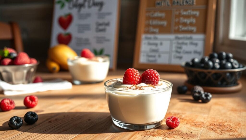 A rustic wooden table set with a delicate cottage cheese mousse dessert, garnished with fresh berries and a light dusting of cocoa powder. The mousse sits in a small glass dish, its silky texture and creamy whiteness contrasting beautifully with the deep red and purple hues of the berries. Soft, natural lighting casts a warm glow, highlighting the subtle sheen of the dessert. In the background, a simple meal planning board displays healthy, balanced meal options, emphasizing the guilt-free indulgence of this cottage cheese-based treat. The overall scene conveys a sense of wholesome, comforting pleasure.