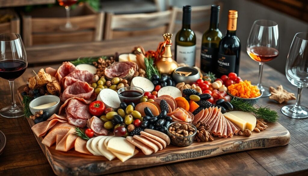 A rustic wooden table with a lush and abundant holiday charcuterie board, adorned with an assortment of cured meats, artisanal cheeses, olives, dried fruits, and nuts. Positioned alongside, a selection of fine wine bottles and glasses, with soft, warm lighting illuminating the scene. The arrangement is captured in a high-resolution, photorealistic style, with a shallow depth of field that gently blurs the background, focusing the viewer's attention on the delectable spread. The overall mood is one of cozy sophistication, inviting the viewer to indulge in the perfect pairing of wine and charcuterie. A rustic wooden table with a lush and abundant holiday charcuterie board, adorned with an assortment of cured meats, artisanal cheeses, olives, dried fruits, and nuts. Positioned alongside, a selection of fine wine bottles and glasses, with soft, warm lighting illuminating the scene. The arrangement is captured in a high-resolution, photorealistic style, with a shallow depth of field that gently blurs the background, focusing the viewer's attention on the delectable spread. The overall mood is one of cozy sophistication, inviting the viewer to indulge in the perfect pairing of wine and charcuterie.
