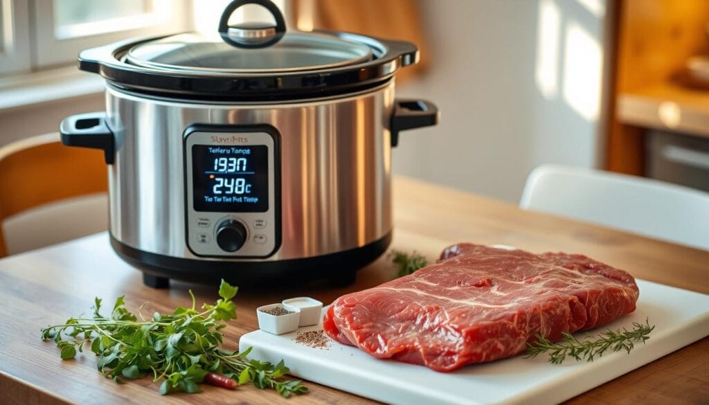 A stainless steel slow cooker sits on a wooden table, its digital display showcasing the optimal temperature range for a tender pot roast. Surrounding the cooker, an assortment of fresh herbs, spices, and a slab of beef rests on a white cutting board, hinting at the savory flavors to come. Soft, natural lighting casts a warm glow, creating an inviting and homely atmosphere. The scene is captured from a slightly elevated angle, providing a clear view of the temperature guide and the preparation ingredients, inspiring the viewer to embark on their own slow-cooked culinary journey. A stainless steel slow cooker sits on a wooden table, its digital display showcasing the optimal temperature range for a tender pot roast. Surrounding the cooker, an assortment of fresh herbs, spices, and a slab of beef rests on a white cutting board, hinting at the savory flavors to come. Soft, natural lighting casts a warm glow, creating an inviting and homely atmosphere. The scene is captured from a slightly elevated angle, providing a clear view of the temperature guide and the preparation ingredients, inspiring the viewer to embark on their own slow-cooked culinary journey.