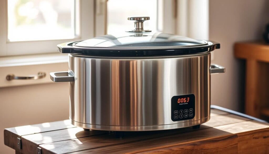 A stainless steel slow cooker with a tempered glass lid, resting on a rustic wooden surface. The appliance has a brushed metal exterior and a digital control panel, emitting a warm glow. Bright natural light streams in through a nearby window, casting soft shadows and highlights across the scene. The slow cooker's size and simple, elegant design suggest it is well-suited for preparing hearty, comforting meals. The overall atmosphere is one of functionality, craftsmanship, and culinary potential. A stainless steel slow cooker with a tempered glass lid, resting on a rustic wooden surface. The appliance has a brushed metal exterior and a digital control panel, emitting a warm glow. Bright natural light streams in through a nearby window, casting soft shadows and highlights across the scene. The slow cooker's size and simple, elegant design suggest it is well-suited for preparing hearty, comforting meals. The overall atmosphere is one of functionality, craftsmanship, and culinary potential.