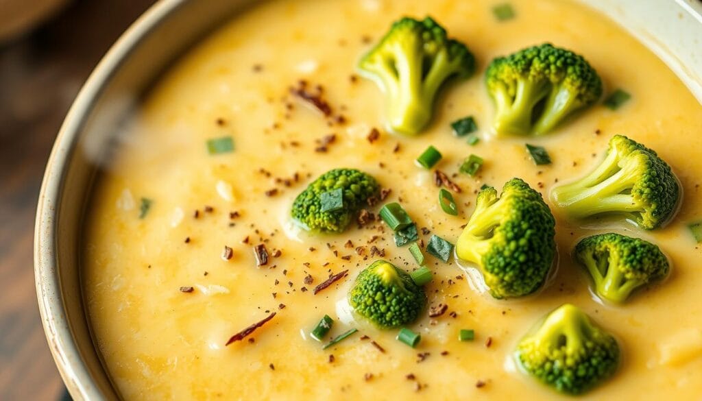 A steaming bowl of healthy broccoli cheddar soup, meticulously crafted with a trio of artisanal cheeses. The broccoli florets glisten with a vibrant green hue, contrasting beautifully against the rich, creamy base. Specks of freshly ground black pepper and a sprinkle of chopped chives adorn the surface, adding depth and complexity to the aroma. The lighting is soft and natural, casting a warm glow that enhances the soup's inviting appearance. The camera angle is slightly angled, offering a tantalizing perspective that showcases the soup's layered textures and enticing presentation. This image radiates a cozy, comforting atmosphere, perfectly capturing the essence of a healthy, indulgent broccoli cheddar soup. A steaming bowl of healthy broccoli cheddar soup, meticulously crafted with a trio of artisanal cheeses. The broccoli florets glisten with a vibrant green hue, contrasting beautifully against the rich, creamy base. Specks of freshly ground black pepper and a sprinkle of chopped chives adorn the surface, adding depth and complexity to the aroma. The lighting is soft and natural, casting a warm glow that enhances the soup's inviting appearance. The camera angle is slightly angled, offering a tantalizing perspective that showcases the soup's layered textures and enticing presentation. This image radiates a cozy, comforting atmosphere, perfectly capturing the essence of a healthy, indulgent broccoli cheddar soup.