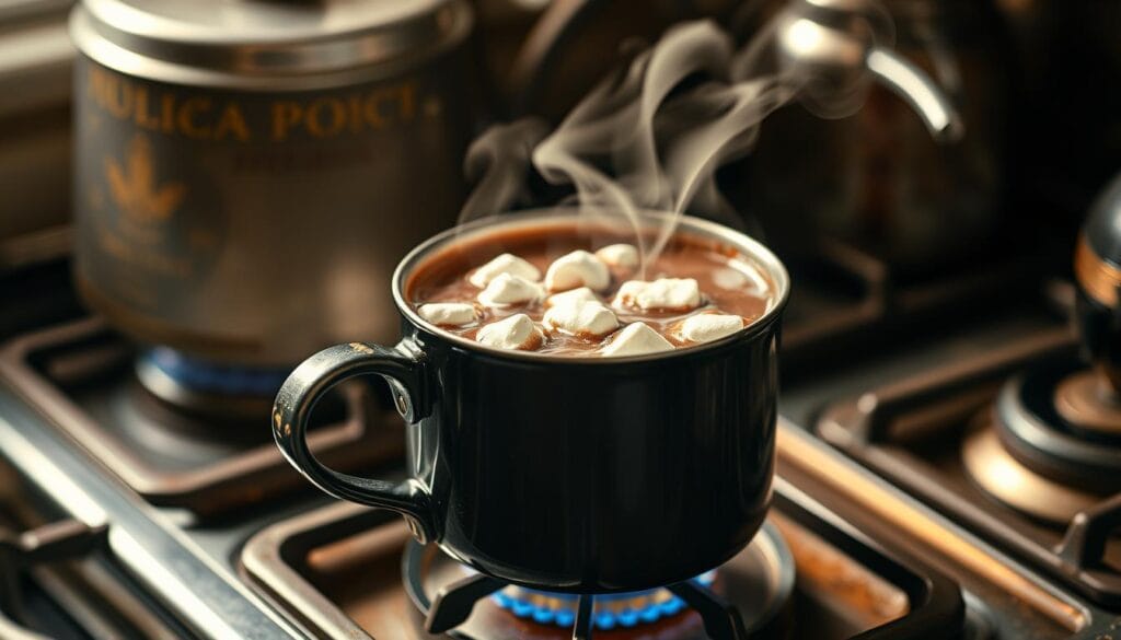 A steaming mug of homemade hot chocolate sits atop a rustic stove, the flames gently licking the saucepan. Wisps of steam rise from the rich, velvety liquid, dotted with fluffy marshmallows that have melted into the drink. The scene is bathed in a warm, soft light, creating a cozy and inviting atmosphere. The stove's chrome and cast-iron detailing are visible, adding a touch of vintage charm to the composition. The background is slightly blurred, focusing the viewer's attention on the enticing hot chocolate and the process of its preparation on the stovetop.