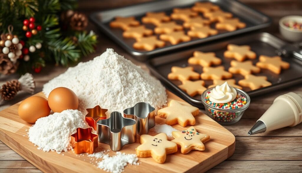 A still life arrangement showcasing the essential ingredients and tools for classic Christmas sugar cookies with frosting. In the foreground, a wooden cutting board holds a pile of flour, granulated sugar, eggs, vanilla extract, and salt. In the middle ground, a rolling pin, cookie cutters in various holiday shapes, and a whisk rest on the board. In the background, a tray of freshly baked, golden-brown sugar cookies sits alongside a small bowl of colorful sprinkles and a piping bag filled with smooth, creamy frosting. The scene is bathed in warm, soft lighting, creating a cozy, festive atmosphere perfect for the holiday season.