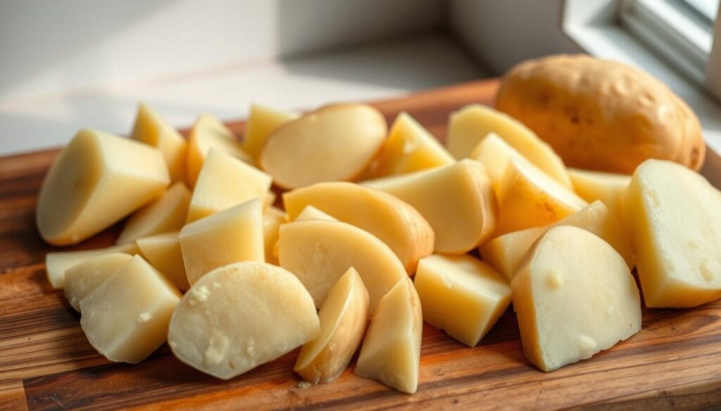 A still life composition featuring freshly washed and cut Yukon Gold potatoes arranged on a rustic wooden cutting board. The potatoes are sliced in thick, irregular wedges, their skin slightly textured and their flesh a pale, creamy color. Soft, diffused lighting from an overhead window casts gentle shadows, accentuating the potatoes' natural contours. The image has a warm, homey atmosphere, evoking the comforting and homemade nature of mashed potatoes. A still life composition featuring freshly washed and cut Yukon Gold potatoes arranged on a rustic wooden cutting board. The potatoes are sliced in thick, irregular wedges, their skin slightly textured and their flesh a pale, creamy color. Soft, diffused lighting from an overhead window casts gentle shadows, accentuating the potatoes' natural contours. The image has a warm, homey atmosphere, evoking the comforting and homemade nature of mashed potatoes.