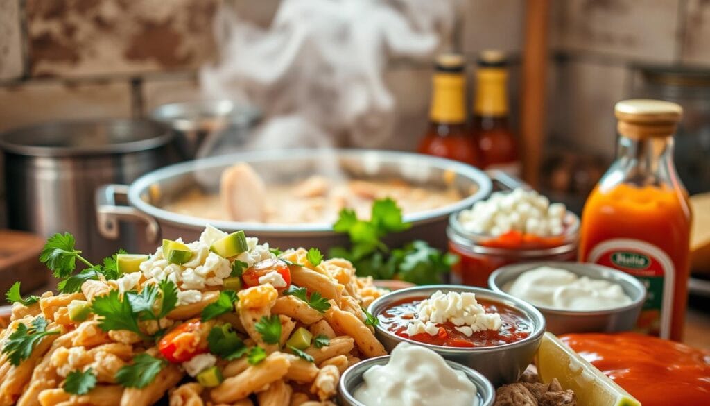 A sumptuous array of white chicken chili variations, simmering in a steaming pot against a backdrop of rustic kitchen textures. In the foreground, garnishes like fresh cilantro, diced avocado, and crumbled queso fresco add vibrant pops of color. In the middle ground, an assortment of sauces and condiments - chipotle salsa, lime wedges, sour cream - offer customizable toppings. The scene is bathed in warm, natural lighting, creating a cozy, inviting atmosphere. The camera angle is slightly elevated, giving a tantalizing view of the dish's layered textures and flavors.