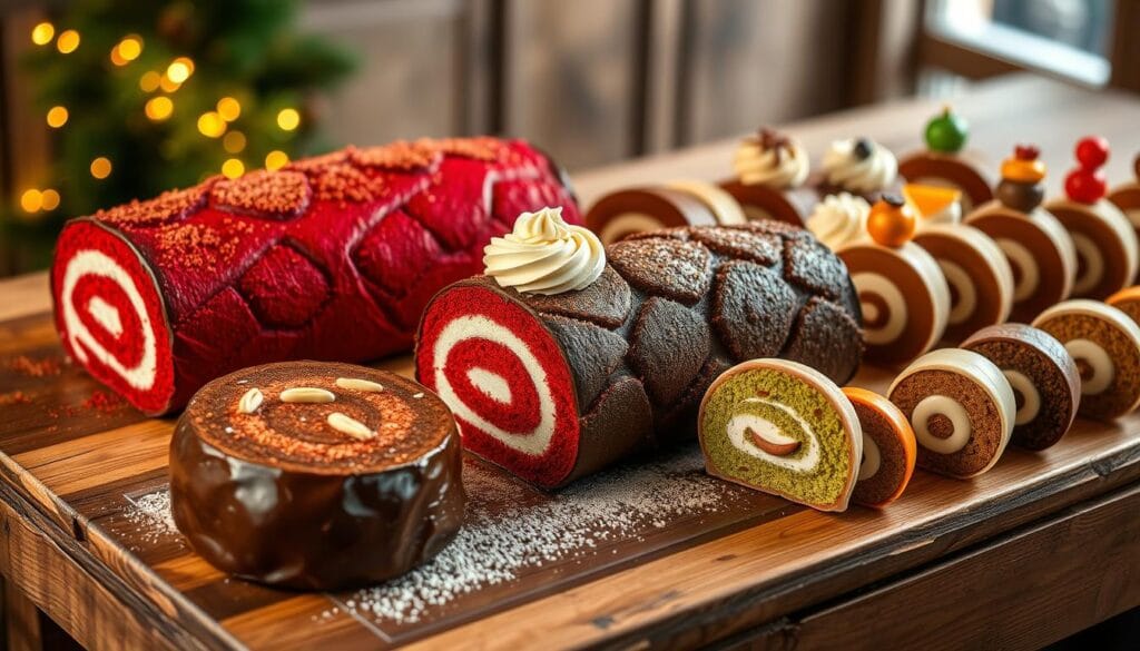 A sumptuous display of Bûche de Noël flavor variations, artfully arranged on a rustic wooden table. In the foreground, a classic chocolate log cake with shimmering ganache and delicate dusting of cocoa powder. Nearby, a radiant red velvet version with a swirl of cream cheese frosting, and an elegant green matcha-infused roll with a delicate white chocolate glaze. In the background, a lineup of individual petite Bûche de Noël in diverse flavors - hazelnut, coffee, chestnut, and orange - each meticulously decorated with intricate piped details and seasonal garnishes. Warm lighting casts a cozy glow, highlighting the decadent textures and inviting the viewer to indulge in this delightful holiday spread. A sumptuous display of Bûche de Noël flavor variations, artfully arranged on a rustic wooden table. In the foreground, a classic chocolate log cake with shimmering ganache and delicate dusting of cocoa powder. Nearby, a radiant red velvet version with a swirl of cream cheese frosting, and an elegant green matcha-infused roll with a delicate white chocolate glaze. In the background, a lineup of individual petite Bûche de Noël in diverse flavors - hazelnut, coffee, chestnut, and orange - each meticulously decorated with intricate piped details and seasonal garnishes. Warm lighting casts a cozy glow, highlighting the decadent textures and inviting the viewer to indulge in this delightful holiday spread.