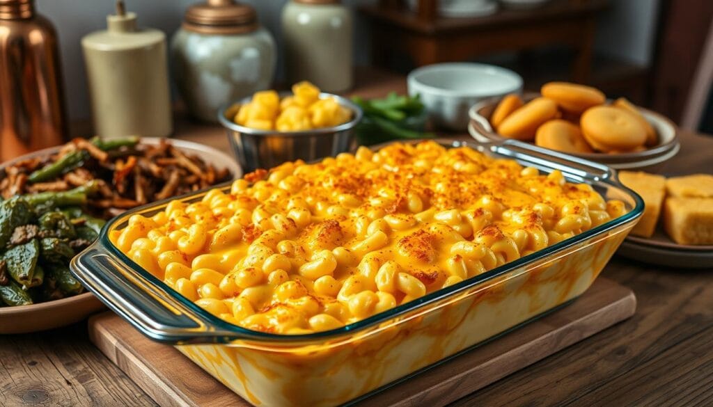 A sumptuous spread of Southern-style baked macaroni and cheese, accompanied by a selection of complementary dishes. In the foreground, a casserole dish overflows with creamy, five-cheese mac and cheese, its golden-brown crust glistening under warm, soft lighting. Surrounding it, an assortment of side dishes: tender collard greens, crisp fried okra, and fluffy cornbread muffins, all arranged on a rustic wooden table. In the background, a cozy, farmhouse-inspired setting, with touches of copper, ceramic, and natural textures, creating a welcoming, homey atmosphere. The overall scene evokes the comforting flavors and traditions of a classic Southern supper, perfectly suited to accompany the indulgent main course. A sumptuous spread of Southern-style baked macaroni and cheese, accompanied by a selection of complementary dishes. In the foreground, a casserole dish overflows with creamy, five-cheese mac and cheese, its golden-brown crust glistening under warm, soft lighting. Surrounding it, an assortment of side dishes: tender collard greens, crisp fried okra, and fluffy cornbread muffins, all arranged on a rustic wooden table. In the background, a cozy, farmhouse-inspired setting, with touches of copper, ceramic, and natural textures, creating a welcoming, homey atmosphere. The overall scene evokes the comforting flavors and traditions of a classic Southern supper, perfectly suited to accompany the indulgent main course.