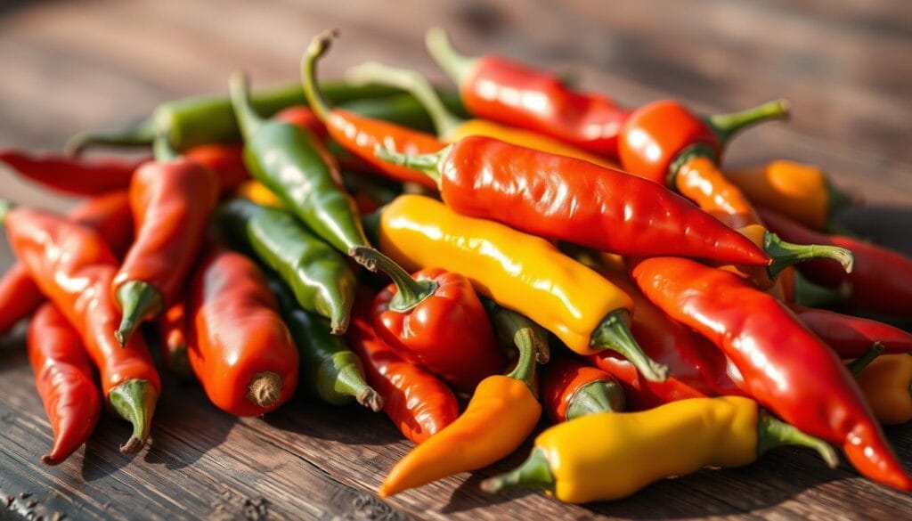 A tightly cropped, high-resolution, close-up photograph of a vibrant arrangement of fresh chili peppers, including a variety of shapes, sizes, and colors such as red, orange, yellow, and green chilies. The peppers are arranged artfully on a rustic wooden surface, with natural lighting casting warm shadows and highlights to accentuate their textures and vibrant hues. The focus is sharp, and the depth of field is shallow, creating a visually striking and appetizing composition that would complement a recipe for beef chili. A tightly cropped, high-resolution, close-up photograph of a vibrant arrangement of fresh chili peppers, including a variety of shapes, sizes, and colors such as red, orange, yellow, and green chilies. The peppers are arranged artfully on a rustic wooden surface, with natural lighting casting warm shadows and highlights to accentuate their textures and vibrant hues. The focus is sharp, and the depth of field is shallow, creating a visually striking and appetizing composition that would complement a recipe for beef chili.