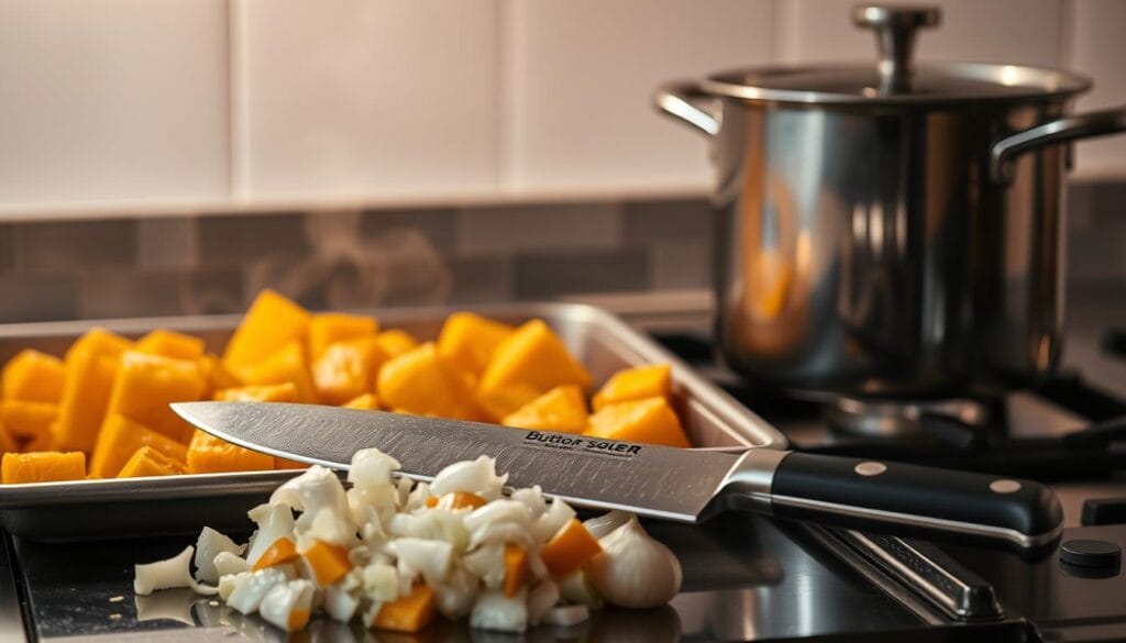 A tray of freshly roasted butternut squash sits at the center, its golden-orange flesh glistening under the warm studio lighting. Thick wisps of steam rise from the cubes, hinting at the rich, creamy soup soon to be pureed. In the foreground, a chef's knife rests atop chopped onions and garlic, the mise en place for the aromatic base. A stainless steel pot stands ready on the stove, its polished surface reflecting the scene. The background is softly blurred, emphasizing the preparation process. The overall mood is one of culinary focus and anticipation, inviting the viewer to experience the process of crafting a comforting autumnal soup. A tray of freshly roasted butternut squash sits at the center, its golden-orange flesh glistening under the warm studio lighting. Thick wisps of steam rise from the cubes, hinting at the rich, creamy soup soon to be pureed. In the foreground, a chef's knife rests atop chopped onions and garlic, the mise en place for the aromatic base. A stainless steel pot stands ready on the stove, its polished surface reflecting the scene. The background is softly blurred, emphasizing the preparation process. The overall mood is one of culinary focus and anticipation, inviting the viewer to experience the process of crafting a comforting autumnal soup.