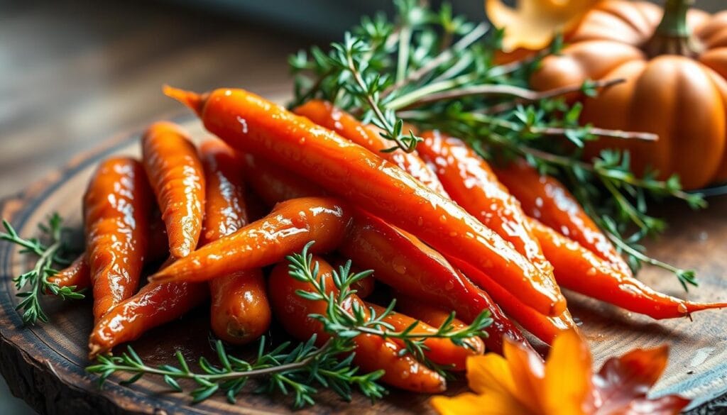 A vibrant, autumnal still life featuring a seasonal serving of maple glazed carrots. The carrots are arranged on a rustic wooden platter, their burnished orange hues glistening under natural lighting. The maple glaze coats the carrots, creating a sheen that reflects the warm, ambient glow. Surrounding the carrots are sprigs of fresh thyme, their delicate green leaves adding a touch of earthy contrast. The overall composition evokes a sense of homey, harvest-time comfort, perfect for illustrating a recipe focused on the humble carrot elevated by the richness of maple syrup. A vibrant, autumnal still life featuring a seasonal serving of maple glazed carrots. The carrots are arranged on a rustic wooden platter, their burnished orange hues glistening under natural lighting. The maple glaze coats the carrots, creating a sheen that reflects the warm, ambient glow. Surrounding the carrots are sprigs of fresh thyme, their delicate green leaves adding a touch of earthy contrast. The overall composition evokes a sense of homey, harvest-time comfort, perfect for illustrating a recipe focused on the humble carrot elevated by the richness of maple syrup.