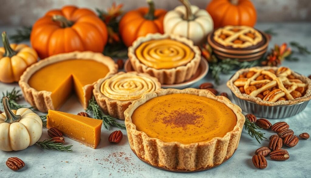 A vibrant still life showcasing an array of creative pumpkin pie variations. In the foreground, a classic pumpkin pie with a golden, flaky crust and a smooth, silky filling, garnished with a dusting of cinnamon. Surrounding it, an assortment of unique interpretations - a pumpkin pie tart with a crumbly, buttery shortbread crust, a pumpkin pie cheesecake swirl, and pumpkin pie-inspired hand pies with intricate lattice work. In the middle ground, a variety of autumn-inspired elements add depth and texture, such as freshly harvested pumpkins, sprigs of rosemary, and a scattering of pecans. Soft, warm lighting casts a cozy glow over the scene, accentuating the rich, autumnal color palette. The overall composition exudes a sense of culinary creativity and seasonal celebration.