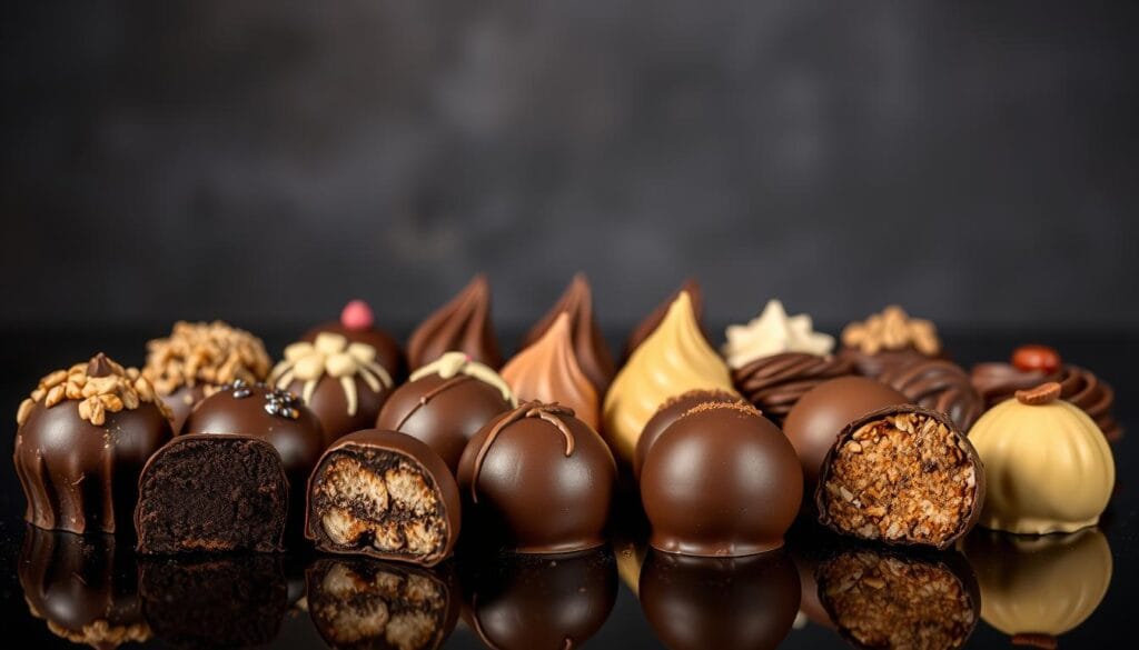 A visually enticing arrangement of various chocolate truffle flavors, artfully presented on a dark, glossy surface. In the foreground, a selection of decadent truffles, each showcasing a distinct flavor profile - from rich dark chocolate to creamy milk chocolate, punctuated by hints of liqueur, nuts, and aromatic spices. The middle ground features an array of carefully piped or molded truffle shapes, their glossy shells reflecting the gentle lighting from above. In the background, a subtle backdrop of soft shadows and muted tones allows the vibrant colors and textures of the truffles to take center stage, creating an atmospheric and visually captivating scene. The overall mood is one of indulgence, sophistication, and a tempting invitation to explore the world of gourmet chocolate truffle flavors. A visually enticing arrangement of various chocolate truffle flavors, artfully presented on a dark, glossy surface. In the foreground, a selection of decadent truffles, each showcasing a distinct flavor profile - from rich dark chocolate to creamy milk chocolate, punctuated by hints of liqueur, nuts, and aromatic spices. The middle ground features an array of carefully piped or molded truffle shapes, their glossy shells reflecting the gentle lighting from above. In the background, a subtle backdrop of soft shadows and muted tones allows the vibrant colors and textures of the truffles to take center stage, creating an atmospheric and visually captivating scene. The overall mood is one of indulgence, sophistication, and a tempting invitation to explore the world of gourmet chocolate truffle flavors.