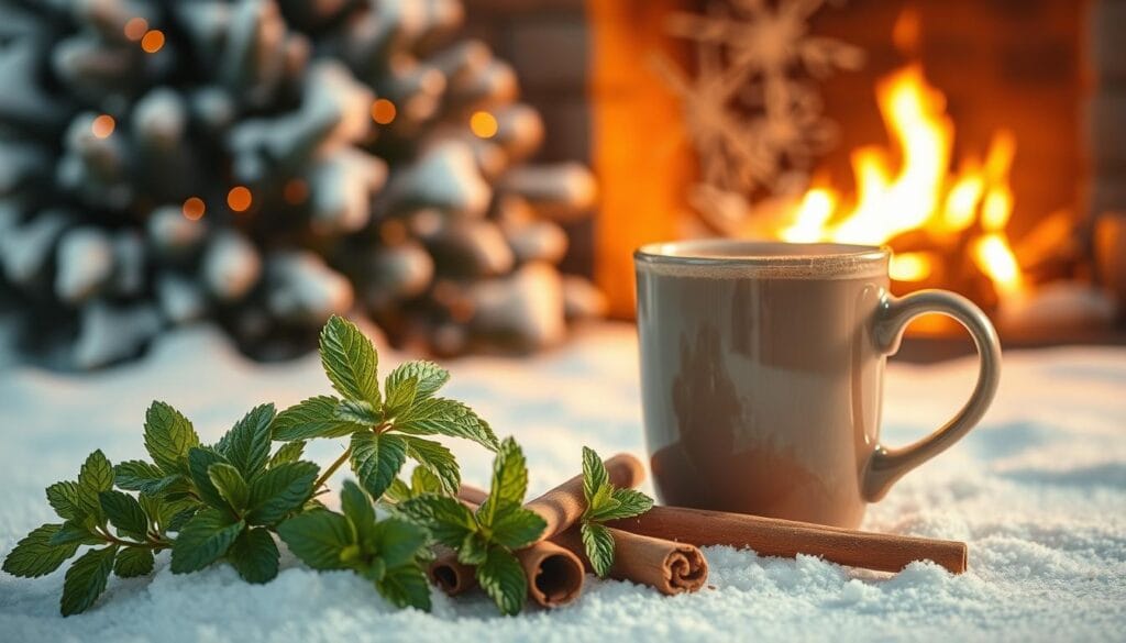 A warm and cozy winter scene, with a steaming mug of peppermint hot chocolate taking center stage. In the foreground, fresh peppermint leaves and cinnamon sticks are artfully arranged, their vibrant colors and fragrant aromas adding depth and complexity to the composition. The middle ground features a snowy, pine-dotted landscape, bathed in soft, golden lighting that creates a serene and inviting atmosphere. In the background, a crackling fireplace casts a gentle glow, hinting at the comforting warmth and wellness properties of the peppermint-infused beverage. The overall scene conveys the health benefits of peppermint in a visually captivating and seasonally appropriate manner. A warm and cozy winter scene, with a steaming mug of peppermint hot chocolate taking center stage. In the foreground, fresh peppermint leaves and cinnamon sticks are artfully arranged, their vibrant colors and fragrant aromas adding depth and complexity to the composition. The middle ground features a snowy, pine-dotted landscape, bathed in soft, golden lighting that creates a serene and inviting atmosphere. In the background, a crackling fireplace casts a gentle glow, hinting at the comforting warmth and wellness properties of the peppermint-infused beverage. The overall scene conveys the health benefits of peppermint in a visually captivating and seasonally appropriate manner.