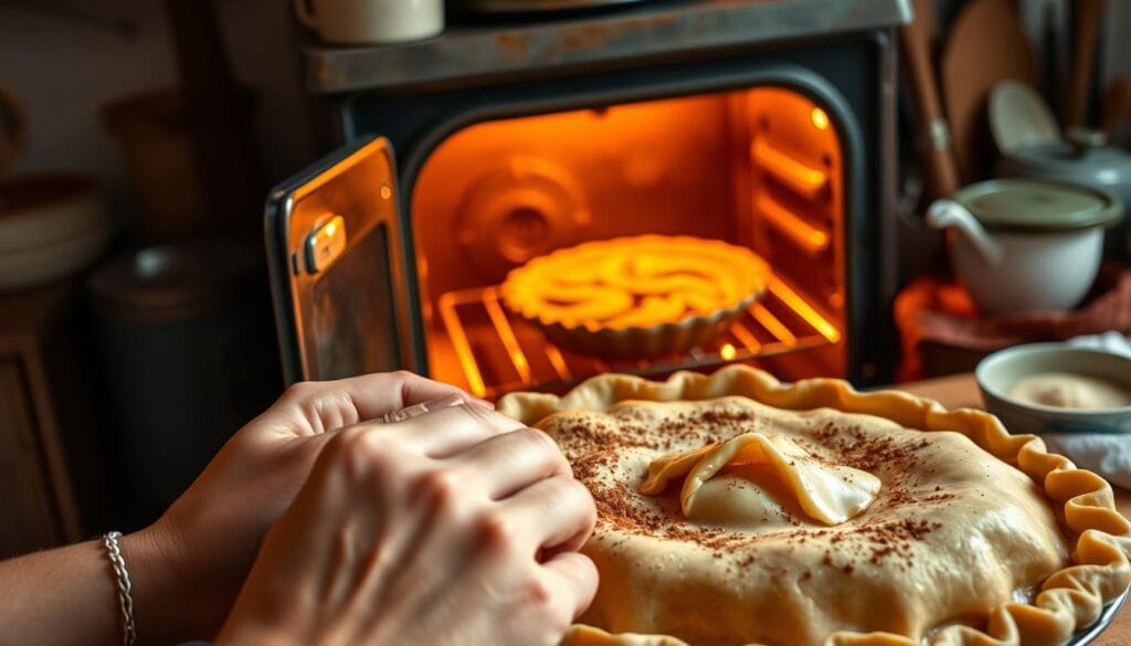 A warm, homey kitchen scene of an old-fashioned apple pie being baked. In the foreground, a pair of hands carefully crimping the flaky, golden-brown crust of the pie, sprinkled with a dusting of cinnamon. In the middle ground, an antique oven with its door ajar, revealing the pie inside bathed in a soft, amber glow. The background is filled with the cozy clutter of a well-used kitchen - utensils, bowls, and other baking supplies. The lighting is soft and natural, casting a comforting atmosphere. The overall mood is one of nostalgia, tradition, and the inviting aroma of a classic apple pie straight from the oven. A warm, homey kitchen scene of an old-fashioned apple pie being baked. In the foreground, a pair of hands carefully crimping the flaky, golden-brown crust of the pie, sprinkled with a dusting of cinnamon. In the middle ground, an antique oven with its door ajar, revealing the pie inside bathed in a soft, amber glow. The background is filled with the cozy clutter of a well-used kitchen - utensils, bowls, and other baking supplies. The lighting is soft and natural, casting a comforting atmosphere. The overall mood is one of nostalgia, tradition, and the inviting aroma of a classic apple pie straight from the oven.