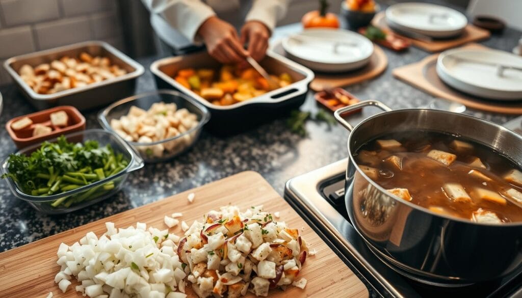 A well-lit, high-angle shot of a kitchen countertop, showcasing the step-by-step preparation of Thanksgiving stuffing. In the foreground, a cutting board with freshly chopped onions, celery, and herbs. Surrounding it, various baking dishes, a bowl of bread cubes, and a rich, fragrant broth simmering on the stovetop. The middle ground features a chef's hands carefully combining the ingredients, while the background offers a glimpse of a traditional Thanksgiving table setting, complete with seasonal decor. The scene conveys a sense of warmth, culinary expertise, and the care required to create the perfect stuffing for the holiday feast. A well-lit, high-angle shot of a kitchen countertop, showcasing the step-by-step preparation of Thanksgiving stuffing. In the foreground, a cutting board with freshly chopped onions, celery, and herbs. Surrounding it, various baking dishes, a bowl of bread cubes, and a rich, fragrant broth simmering on the stovetop. The middle ground features a chef's hands carefully combining the ingredients, while the background offers a glimpse of a traditional Thanksgiving table setting, complete with seasonal decor. The scene conveys a sense of warmth, culinary expertise, and the care required to create the perfect stuffing for the holiday feast.