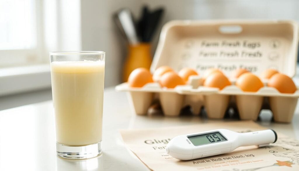 A well-lit kitchen counter with a glass of freshly poured eggnog, its creamy surface glistening under warm, soft lighting. Nearby, a carton of farm-fresh eggs and a digital food thermometer, conveying the importance of proper handling and temperature control for food safety. The overall scene evokes a sense of holiday cheer and culinary confidence, emphasizing the trusted methods for creating a delightfully safe and indulgent eggnog experience. A well-lit kitchen counter with a glass of freshly poured eggnog, its creamy surface glistening under warm, soft lighting. Nearby, a carton of farm-fresh eggs and a digital food thermometer, conveying the importance of proper handling and temperature control for food safety. The overall scene evokes a sense of holiday cheer and culinary confidence, emphasizing the trusted methods for creating a delightfully safe and indulgent eggnog experience.