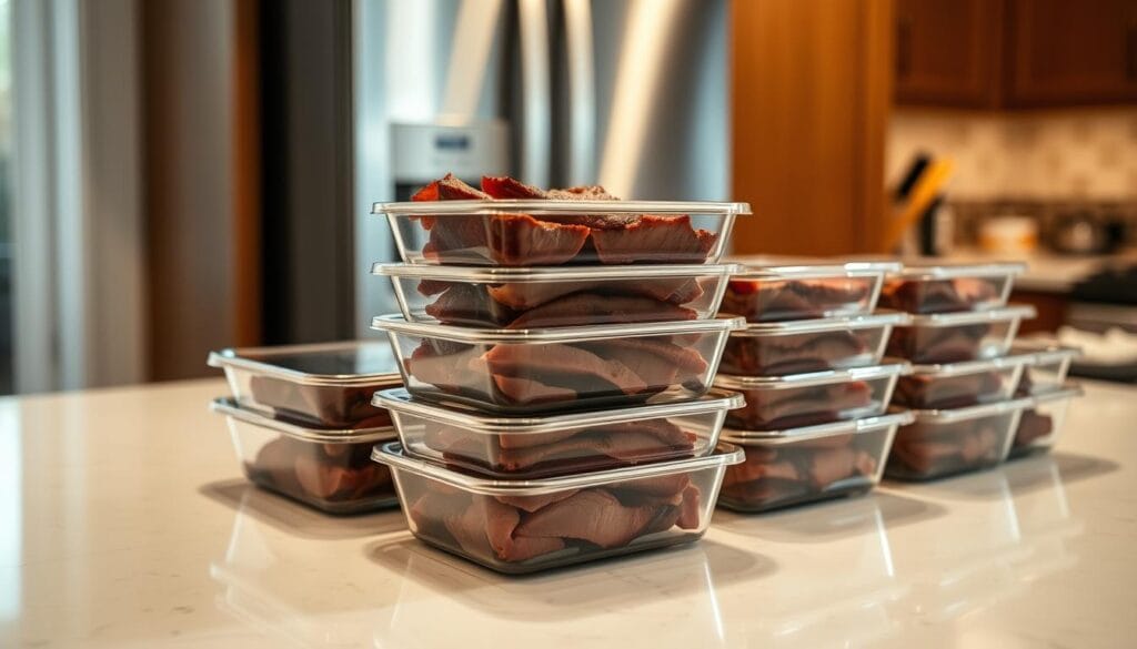 A well-lit kitchen counter, with a stack of neat, rectangular glass containers neatly arranged. The containers are transparent, allowing a glimpse of the savory slices of leftover prime rib roast they hold. The lighting casts a warm, soft glow, highlighting the rich, caramelized exterior of the meat. In the background, a sleek, modern refrigerator stands as a testament to the perfect storage conditions. The scene conveys a sense of organization, efficiency, and the promise of delicious, reheated leftovers to come.