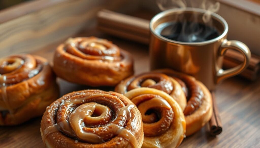 Cinnamon rolls freshly baked, glistening with a sticky sweet glaze, arranged artfully on a wooden table. A steaming mug of rich, aromatic coffee sits nearby, its steam swirling invitingly. Warm, golden lighting casts a cozy glow, accentuating the delicate spirals of the pastries and the depth of the dark roast. The composition is balanced, with the rolls taking center stage and the coffee providing a complementary element. The overall scene evokes a sense of indulgence and comfort, perfectly capturing the pairing of these two beloved treats. Cinnamon rolls freshly baked, glistening with a sticky sweet glaze, arranged artfully on a wooden table. A steaming mug of rich, aromatic coffee sits nearby, its steam swirling invitingly. Warm, golden lighting casts a cozy glow, accentuating the delicate spirals of the pastries and the depth of the dark roast. The composition is balanced, with the rolls taking center stage and the coffee providing a complementary element. The overall scene evokes a sense of indulgence and comfort, perfectly capturing the pairing of these two beloved treats.