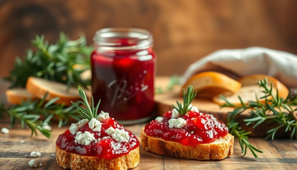 Cranberry Sauce Versatility: A vibrant still life captured in a soft, warm light. In the foreground, a rich crimson sauce adorns a crisp crostini, complemented by tangy crumbled feta and aromatic rosemary sprigs. In the middle ground, a glass jar filled with the glistening sauce stands beside a wooden board topped with sliced baguette and a scattered array of fresh thyme. The background features a backdrop of earthy tones, hinting at the versatility of this Thanksgiving classic beyond the holiday table. Cranberry Sauce Versatility: A vibrant still life captured in a soft, warm light. In the foreground, a rich crimson sauce adorns a crisp crostini, complemented by tangy crumbled feta and aromatic rosemary sprigs. In the middle ground, a glass jar filled with the glistening sauce stands beside a wooden board topped with sliced baguette and a scattered array of fresh thyme. The background features a backdrop of earthy tones, hinting at the versatility of this Thanksgiving classic beyond the holiday table.