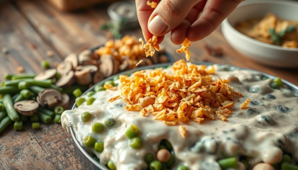 Detailed close-up shot of green bean casserole preparation on a rustic wooden table. The foreground features neatly chopped fresh green beans, sliced mushrooms, and a creamy white sauce. In the middle ground, a hand is gently sprinkling crispy fried onions over the top. Warm, natural lighting from the side accentuates the textures and colors. The background is slightly blurred, but shows a few scattered herbs and spices, creating a cozy, homemade atmosphere. The overall scene conveys a sense of comforting, homemade preparation for a delicious, classic side dish.