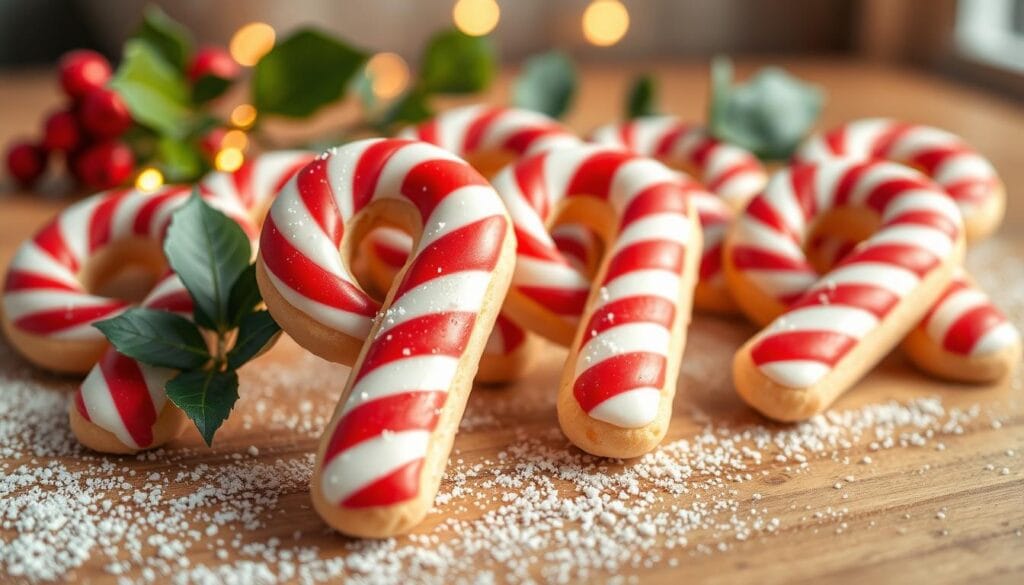 Festive candy cane-shaped cookies elegantly arranged on a wooden surface, adorned with vibrant red and white icing swirls. Sparkling sugar crystals catch the soft, warm lighting, creating a cozy, inviting atmosphere. In the background, a sprig of fresh holly and a dusting of powdered sugar add to the holiday charm. The cookies are photographed from an eye-level perspective, using a wide-angle lens to capture the full scene in crisp detail. The overall mood is one of seasonal delight, perfect for illustrating ideas for decorating candy cane-themed treats. Festive candy cane-shaped cookies elegantly arranged on a wooden surface, adorned with vibrant red and white icing swirls. Sparkling sugar crystals catch the soft, warm lighting, creating a cozy, inviting atmosphere. In the background, a sprig of fresh holly and a dusting of powdered sugar add to the holiday charm. The cookies are photographed from an eye-level perspective, using a wide-angle lens to capture the full scene in crisp detail. The overall mood is one of seasonal delight, perfect for illustrating ideas for decorating candy cane-themed treats.