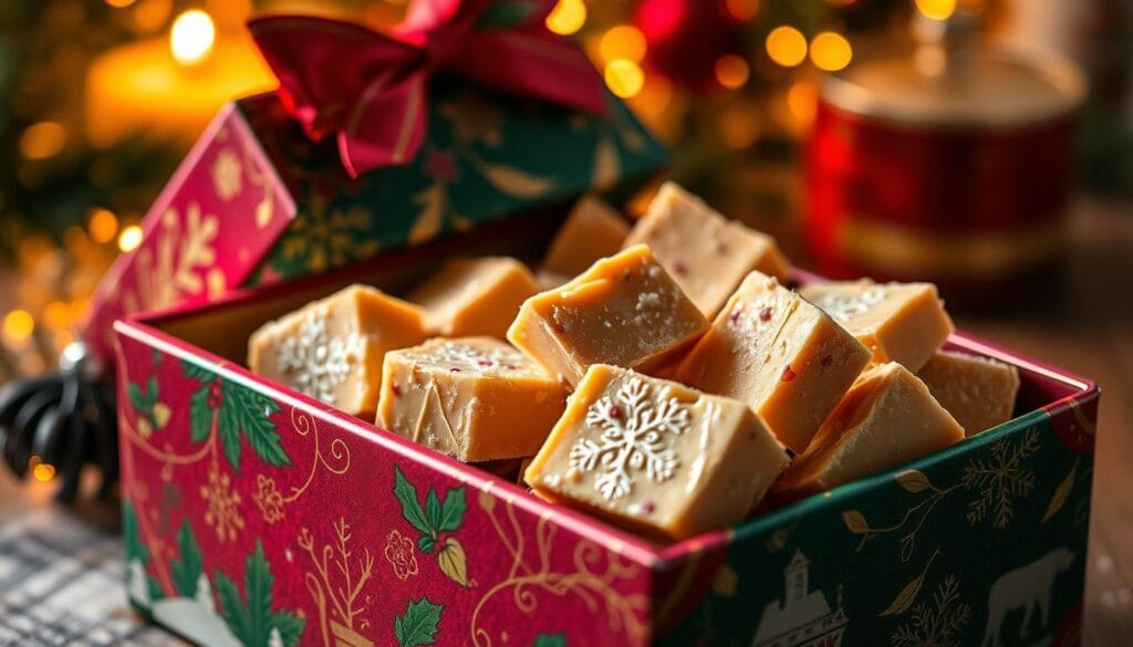 Festive gift box filled with creamy, artisanal holiday fudge. Warm lighting casts a cozy glow, highlighting the rich colors of the box's exterior - deep red, forest green, and shimmering gold accents. The box's design features elegant patterns and illustrations of holly, pine branches, and snowy landscapes. Close-up view showcases the delicate texture and glossy sheen of the fudge pieces, enticing the viewer. Soft shadows and highlights create a sense of depth and dimension. The overall scene conveys a high-end, premium quality gift presentation perfect for the Christmas season. Festive gift box filled with creamy, artisanal holiday fudge. Warm lighting casts a cozy glow, highlighting the rich colors of the box's exterior - deep red, forest green, and shimmering gold accents. The box's design features elegant patterns and illustrations of holly, pine branches, and snowy landscapes. Close-up view showcases the delicate texture and glossy sheen of the fudge pieces, enticing the viewer. Soft shadows and highlights create a sense of depth and dimension. The overall scene conveys a high-end, premium quality gift presentation perfect for the Christmas season.