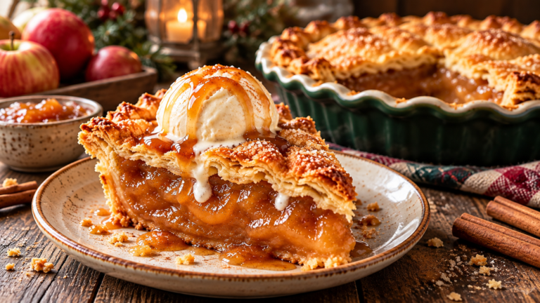 Old-fashioned Apple Pie Recipe with flaky golden crust, thick caramelized apple filling, vanilla ice cream, and caramel drizzle.