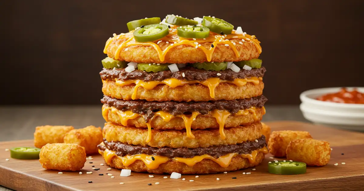 Big Mac Tater Tot Casserole with melted cheese and pickles