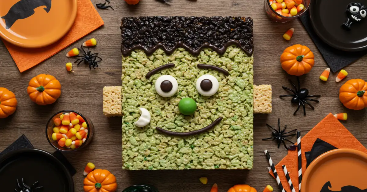 Giant Frankenstein Rice Krispie Treat on Halloween table