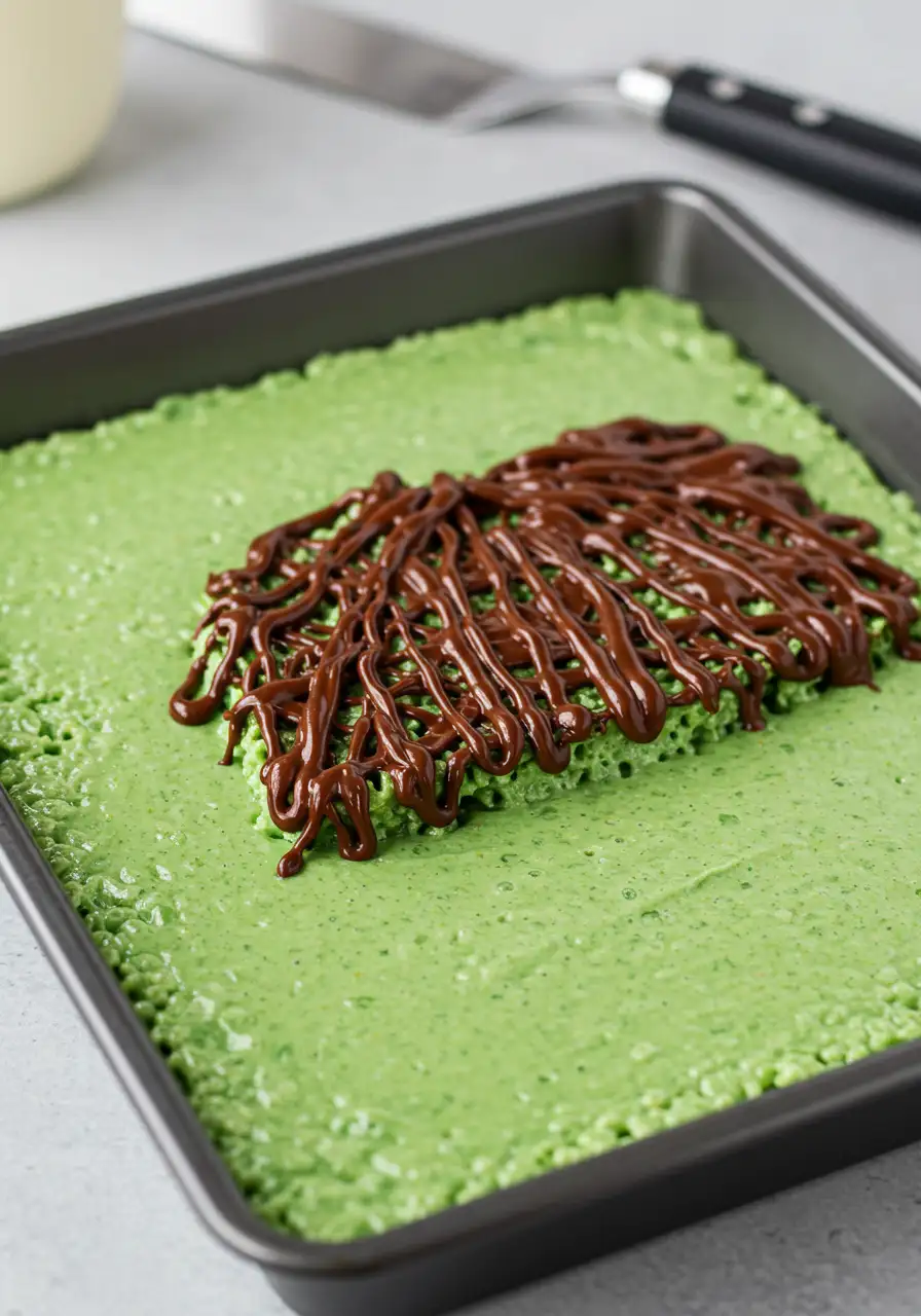 rice-krispie-frankenstein-pan-step.webp Pressed Frankenstein rice krispie mixture in baking pan