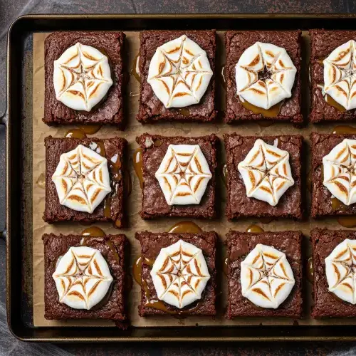 Spiderweb Halloween Brownies with marshmallow spiderweb topping