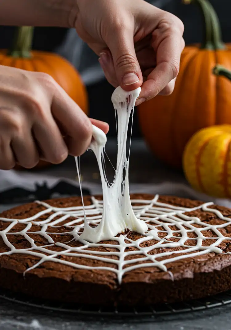 spiderweb-halloween-brownies-step2.webp Realistic marshmallow spiderweb stretched over brownies