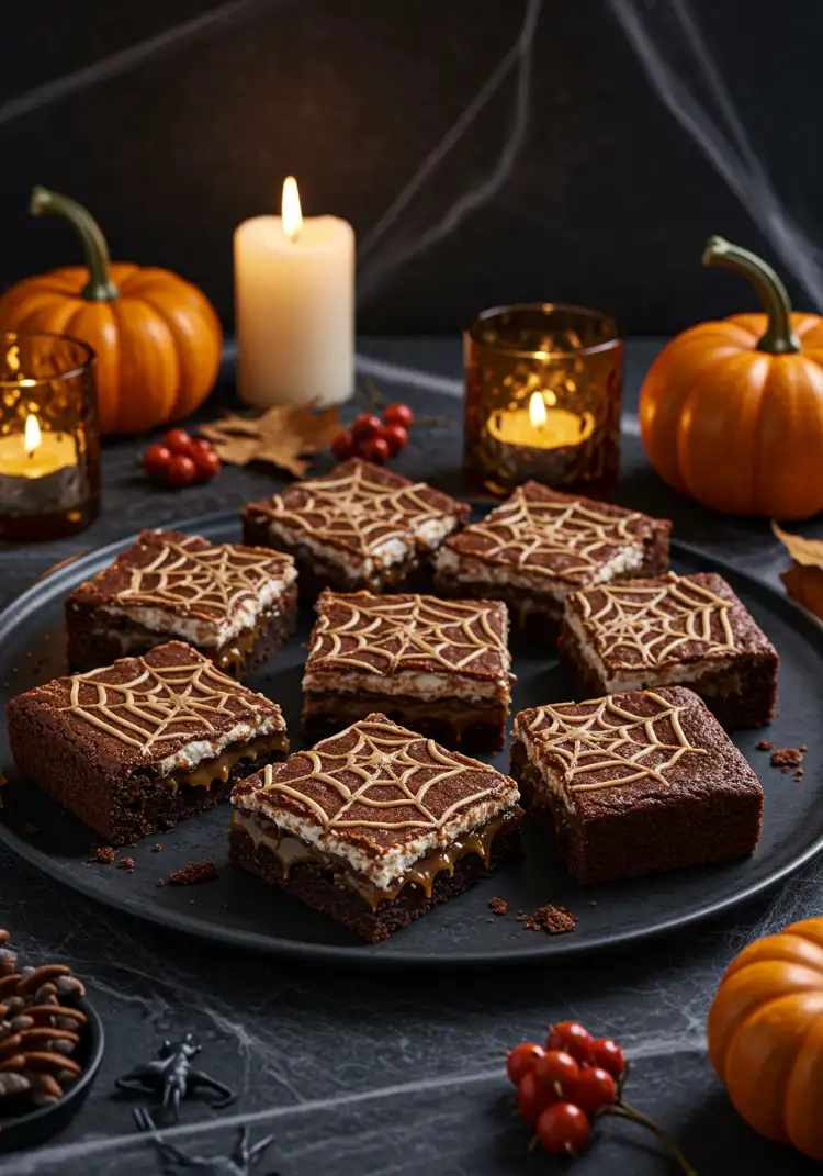 spiderweb-halloween-brownies-serving.webp Realistic Halloween brownies with caramel and spiderweb topping
