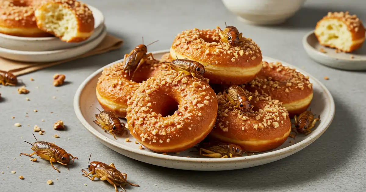 artisanal cockroach doughnuts on rustic wooden plate