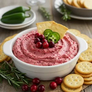 Cranberry Jalapeño Dip served in a white bowl with crackers